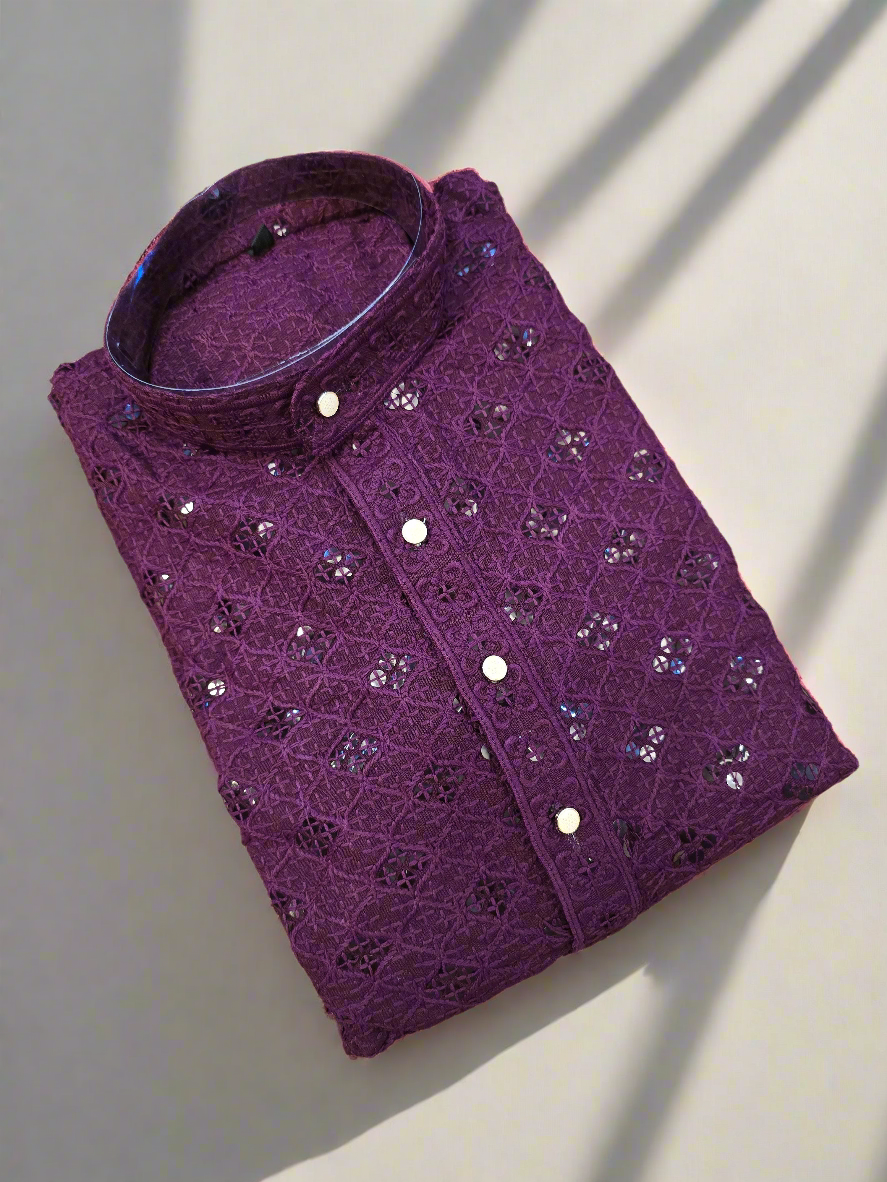 Men's Lucknowi Resham Sequins Kurta - Traditional Embroidered Ethnic Wear